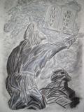 Obraz "Mojžíš přijímá desky s Desaterem", formát A2 (420x594 mm), uhel, suchý pastel.